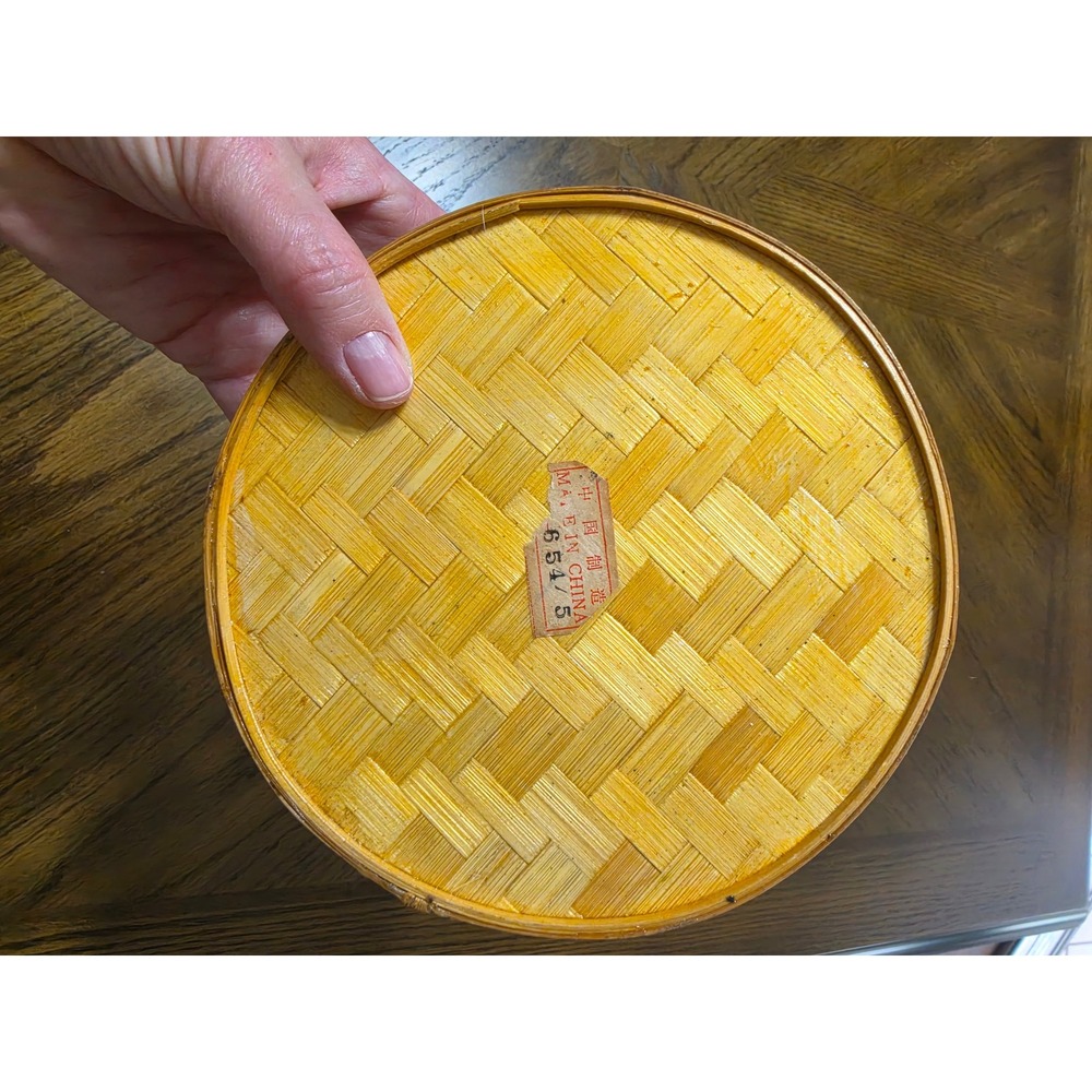 Vintage Woven Bamboo Trinket Box Butterfly Embroidery Round Basket Made in China - Picture 3 of 6